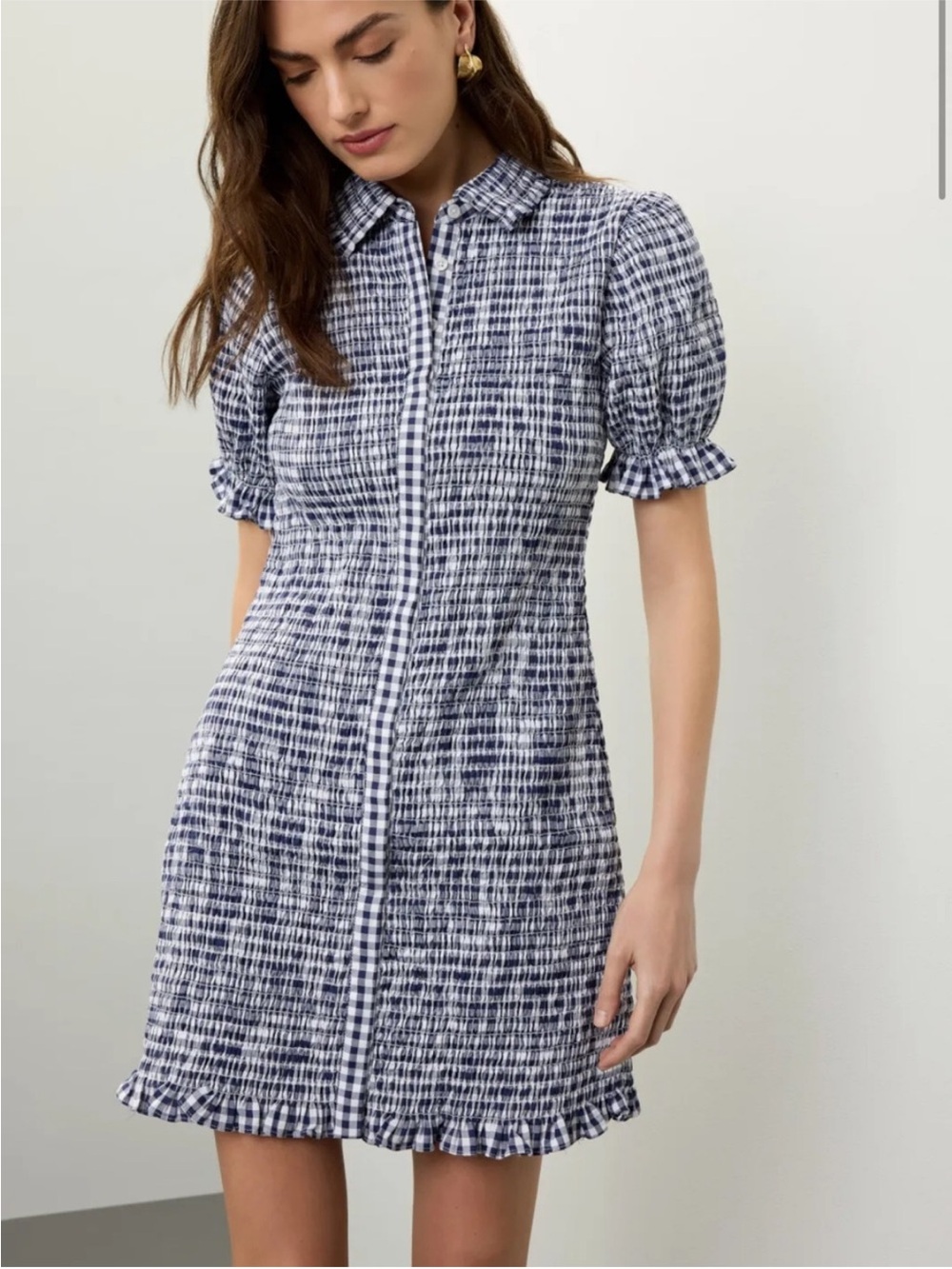 Jason Wu navy white gingham smocked dress